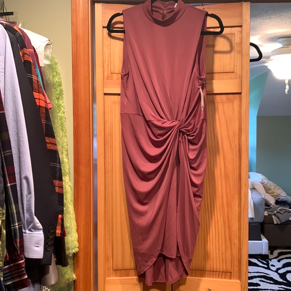 Bar III salmon sleeveless mock neck dress with gathered front